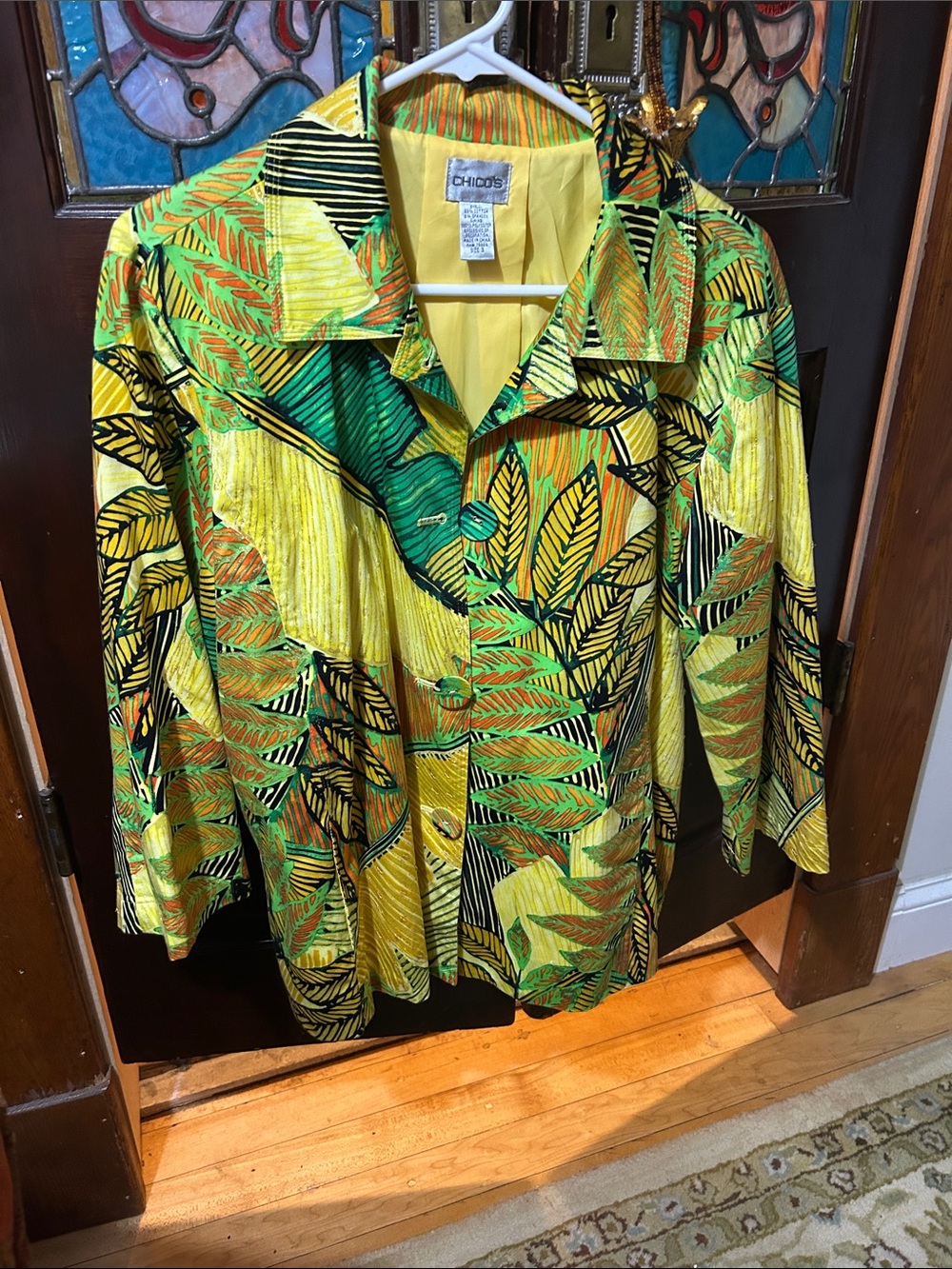 Chico's Yellow and Green Tropical Leaf Button Jacket